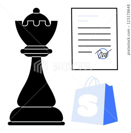 Black chess piece, signed document, and shopping bag indicating strategy, agreements, and shopping. Ideal for business planning, legal documents, shopping, strategic thinking, purchases. Modern flat 123178648