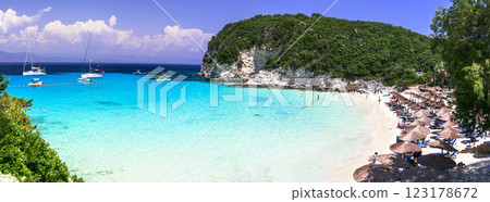 Greece. Antipaxos island - small beautiful ionian island with gorgeous white beaches and turquoise crystal sea. View of stunning Vrika beach 123178672