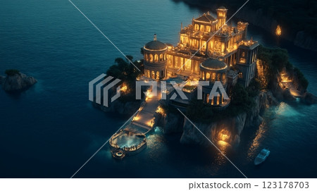 Mysterious illuminated castle reflects in waters near a rocky shore at dusk in a serene landscape 123178703