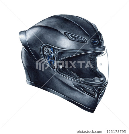 Motorcyclist helmet with transparent visor. Safety headgear for biker. Moto gear moto accessory. Watercolor illustration isolated from the background. For motorcycle store design, web sites, postcard 123178795