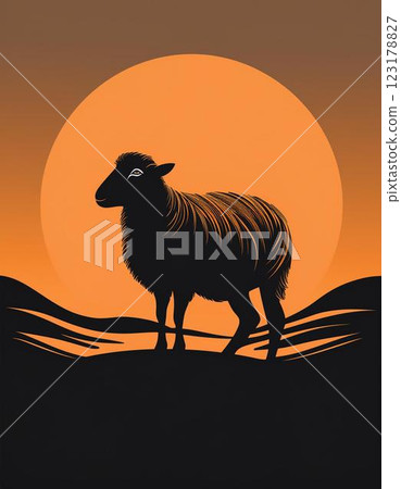Sheep silhouette logo against a sunrise background 123178827