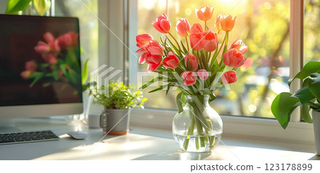 Bright tulips in a glass vase on a sunny desk in a modern workspace with greenery outside. 123178899