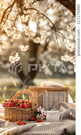 Enjoying a spring picnic under blooming cherry blossom trees in a serene park setting with fresh strawberries and cozy blankets. 123178900