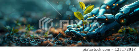 Robotic hands nurturing a young plant in a vibrant and lush environment during daylight hours. 123178917