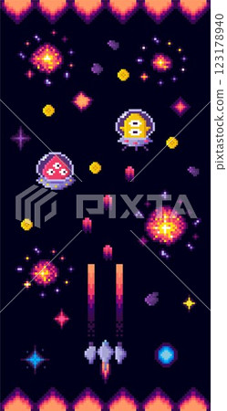 Two cute aliens in space, surrounded by stars, nebulae, and projectiles in vibrant pixel art style. Ideal for retro gaming, space adventures, pixel art lovers, vibrant designs, and childrens themes 123178940