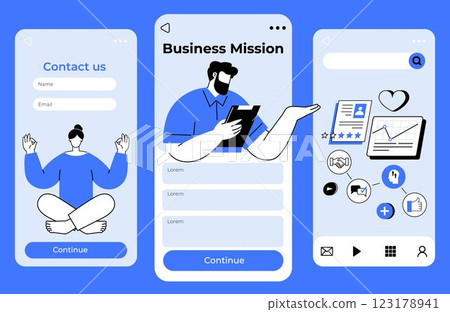 Three mobile app screens with a contact form yoga pose a businessman holding a tablet and analytics icons. Ideal for app design user interface business communication analytics and lifestyle 123178941