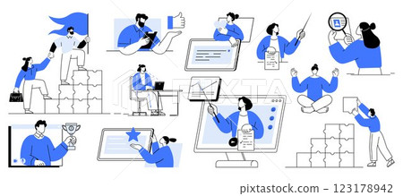 Various professionals engaging in activities like project planning, online meetings, data analysis, and goal setting. Ideal for business strategy, teamwork, productivity, leadership, digital 123178942