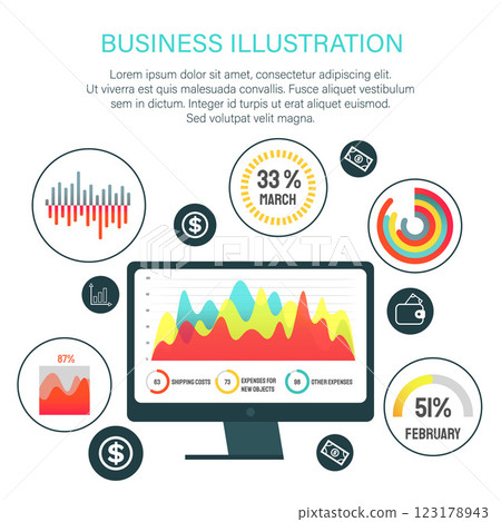 Digital screen displaying colorful analytic graphs and charts. Ideal for business analysis, data visualization, financial reporting, economic trends, and market research. Simple flat style 123178943