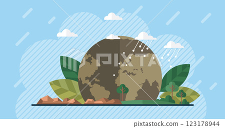 Earth with leaves, trees, mountains, clouds, rain, sun rays in the background. Ideal for concepts related to environment, climate change, sustainability, conservation, nature. Simple flat style Earth with leaves, trees, mountains, clouds, rain, sun rays in the background. Ideal for concepts related to environment, climate change, sustainability, conservation, nature. Simple flat style 123178944