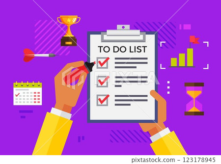 Hands holding a checklist clipboard with three checked tasks. Includes trophy, dart, calendar, bar graph, and hourglass. Ideal for productivity, task management, goal setting, time management, and Hands holding a checklist clipboard with three checked tasks. Includes trophy, dart, calendar, bar graph, and hourglass. Ideal for productivity, task management, goal setting, time management, and 123178945