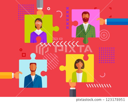 People flat icons collection, jigsaw puzzle portrait. Set of avatars of different characters, man and woman, user image, face icons to represent person in video game. Building business team 123178951