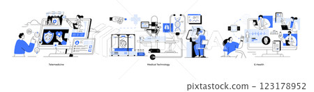 Telemedicine e-health medical technology. Professionals using advanced technologies telemedicine, medical robotics health monitoring devices. Healthcare medical technology, e-health, tech advancements Telemedicine e-health medical technology. Professionals using advanced technologies telemedicine, medical robotics health monitoring devices. Healthcare medical technology, e-health, tech advancements 123178952