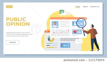 Public opinion web banner or landing page. Character participation in an online survey. Assessing peoples impression of services. Opinion questionnaire form with voting results, advertising poster 123178954