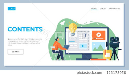 Contents landing page template. IT specialists working with ads on content marketing web page. Business analysis, maintenance strategy and management concept. Creation of website information content 123178958