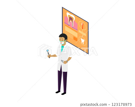 A dentist in a white coat and green mask holds a dental tool while standing beside a tooth diagram showing various stages and parts of dental anatomy. Ideal for healthcare, dentistry, dental A dentist in a white coat and green mask holds a dental tool while standing beside a tooth diagram showing various stages and parts of dental anatomy. Ideal for healthcare, dentistry, dental 123178973