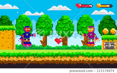 Fly robot. Two colourful characters in a pixelated environment with trees, hearts and coins. Ideal for retro gaming, fantasy, adventure, pixel art, and nostalgic themes. Vibrant, playful, engaging Fly robot. Two colourful characters in a pixelated environment with trees, hearts and coins. Ideal for retro gaming, fantasy, adventure, pixel art, and nostalgic themes. Vibrant, playful, engaging 123178974