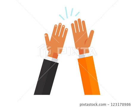 Shaking hands flat design. Handshake, business agreement, bet, partnership concepts. Two hands shake, hands raised up waving to each other. Vector illustration isolated on white business banner 123178986