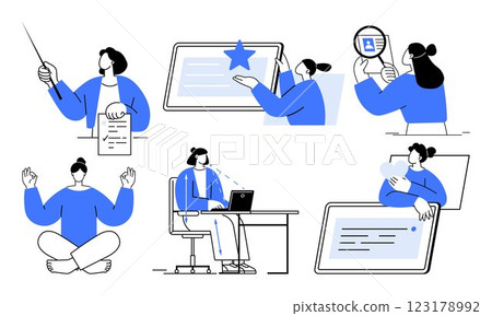 A collection of scenes with individuals involved in office tasks and relaxation. Ideal for productivity, work-life balance, office environment, digital learning, stress management. Minimalist modern 123178992