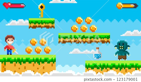 A pixel art style game scene features a character collecting coins, a floating key, platforms, and a green monster. Ideal for retro games, adventure, platformers, fantasy themes, and pixel art 123179001
