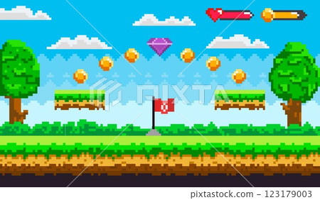 Colorful video game level with trees, platforms, coins, a flag, and a diamond in a pixel art style. Ideal for retro gaming, platformer games, adventure, digital art, and game design projects Colorful video game level with trees, platforms, coins, a flag, and a diamond in a pixel art style. Ideal for retro gaming, platformer games, adventure, digital art, and game design projects 123179003