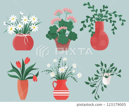 Six plants with various flowers and leaves in different vases. Ideal for home decor, gardening, floral design, interior design, and horticulture. Flat vector art style Six plants with various flowers and leaves in different vases. Ideal for home decor, gardening, floral design, interior design, and horticulture. Flat vector art style 123179005