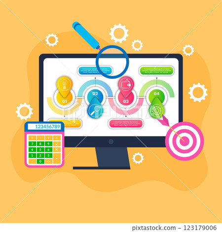 A computer monitor displaying a colorful flowchart with connected steps, accompanied by a calculator, magnifying glass, and target symbol. Ideal for business, productivity, organization, planning 123179006