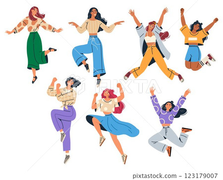 Six women dance in various energetic poses wearing stylish clothes. Ideal for fitness promotion, dance studios, expressing joy, fashion trends, and celebrating diversity. Digital art style 123179007