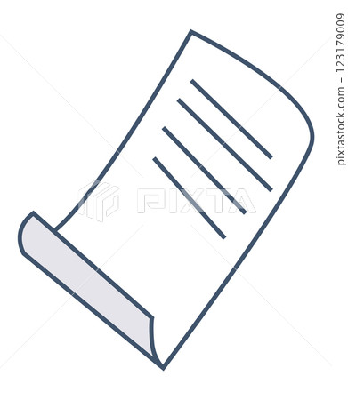 A simple, hand-drawn paper scroll with three horizontal text lines in dark blue outline. Ideal for themes such as education, documentation, writing, communication, and administrative tasks. Outlined 123179009