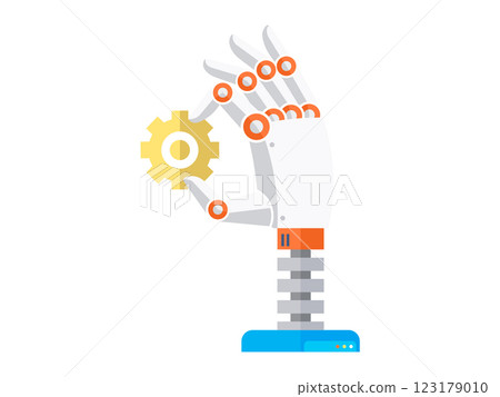 Business process automation, use of robots and machines vector illustration. Robotic arm, operation of automated systems and software. Startup, digital era algorithm artificial intelligence domination 123179010