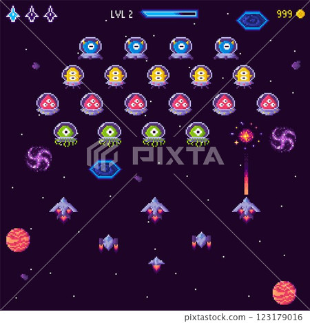 Image shows a classic arcade-style space shooter game level. Alien enemies are arranged in rows with player spaceships ready to attack. Classic pixel art style. Ideal for video games, retro gaming 123179016