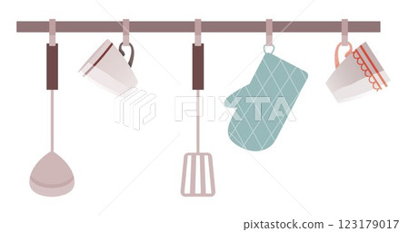 Kitchen cook tools and restaurant equipment hanging on hooks. Kitchen interior, shelf with kitchenware elements and utensil, vector illustration. Cups, potholder, spatula, spoon and other accessories 123179017