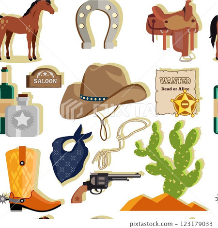 Cowboy hat, boots, revolver, cactus, saddle, horseshoe, bandana among other Western items. Ideal for Western themes, cowboy festivals, rodeo events, country memorabilia, vintage signage and American 123179033
