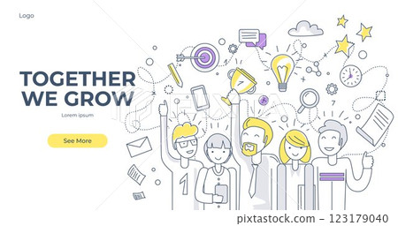 Business team celebrating success, surrounded by icons representing growth, ideas, and achievements, emphasizing unity and progress. For business, growth, teamwork, success, innovation. Business team celebrating success, surrounded by icons representing growth, ideas, and achievements, emphasizing unity and progress. For business, growth, teamwork, success, innovation. 123179040