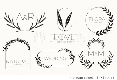 Various minimalistic black and white floral designs incorporating leaves and branches in different shapes. Ideal for nature themes, weddings, branding, invitations, and decor. Simple elegant style 123179043