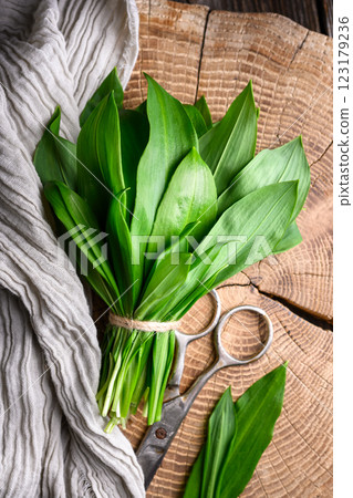 Bunch of fresh bear's wild garlic on wooden board 123179236