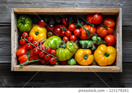 Different sizes, colors and varieties ripe tomatoes in a wooden box Different sizes, colors and varieties ripe tomatoes in a wooden box 123179261