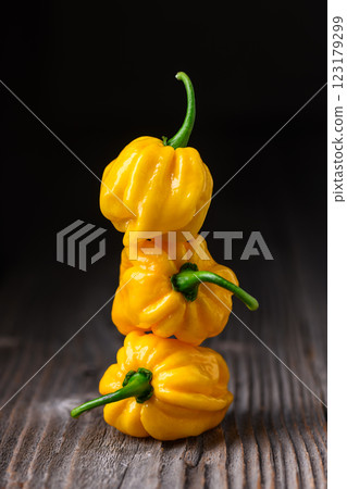 Three ripened yellow habanero peppers 123179299