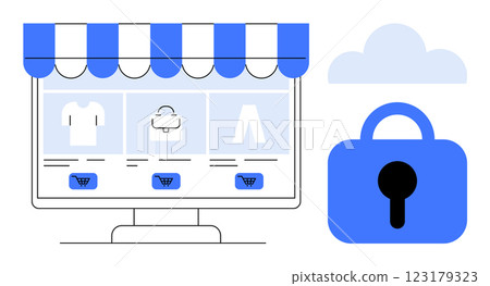 Computer screen displays online shop with shopping cart icons and clothes. Padlock and cloud icon emphasize security and data protection. Ideal for ecommerce, security, cloud services, online 123179323