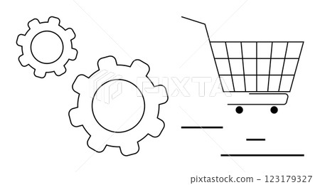 Shopping cart and gear symbols in simple line art. Ideal for e-commerce, automation, retail management, efficiency, and technology. Clean and modern visual style Shopping cart and gear symbols in simple line art. Ideal for e-commerce, automation, retail management, efficiency, and technology. Clean and modern visual style 123179327