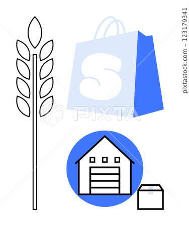 Simplistic style visual with wheat stalk, shopping bag, warehouse and package. Ideal for e-commerce, agriculture, retail, logistics, delivery. It represents elements of the supply chain from 123179341