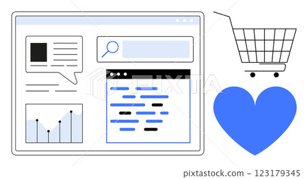 E-commerce webpage layout with a shopping cart, analytics graph, and search bar. Ideal for online shopping, web design, digital marketing, user interface, business analytics. Modern vector style 123179345