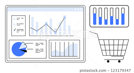 Digital interface showing multiple charts and graphs, including bar charts, line graphs, pie chart, and a shopping cart icon. Ideal for data analysis, e-commerce, business intelligence, market Digital interface showing multiple charts and graphs, including bar charts, line graphs, pie chart, and a shopping cart icon. Ideal for data analysis, e-commerce, business intelligence, market 123179347