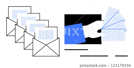 Hand holding money and four envelopes with letters. Ideal for business, finance, communication, transactions, and delivery. Minimalist vector style with black, white, and blue colors 123179356