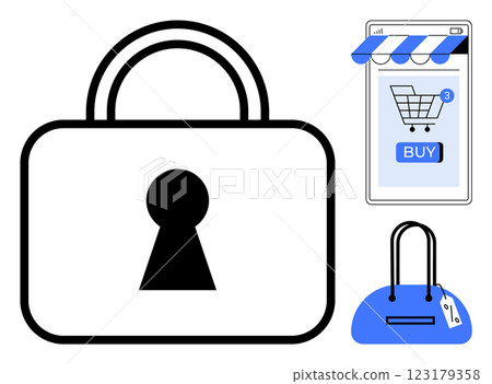 Large lock, hand with price tag and shopping cart on smartphone screen. Ideal for online shopping, cybersecurity, e-commerce, retail security, digital transactions. Simple vector style 123179358