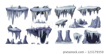 Stalactites cartoon vector set. Minerals rock dripstone calcite fragments formations, limestone deposits stalagmites cobblestones spikes cave, isolated illustrations on white background 123179359