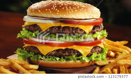 towering triple cheeseburger with melted cheddar over thick beef patties, crisp lettuce, tomato, red onion, sesame seed bun, served with crispy fries on rustic wooden board, concept of gourmet fast 123179377