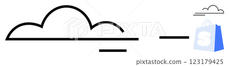 Black cloud with lines beneath it and a shopping bag logo next to it in a minimalist style. Ideal for cloud computing, online hosting, ecommerce, online shopping, and digital services. Simple vector 123179425