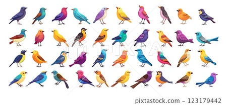 Small birds cartoon vector set. Sparrow starling swallow feathers tails wings beaks soaring tit flying forest wildlife animals, isolated illustrations on white background 123179442