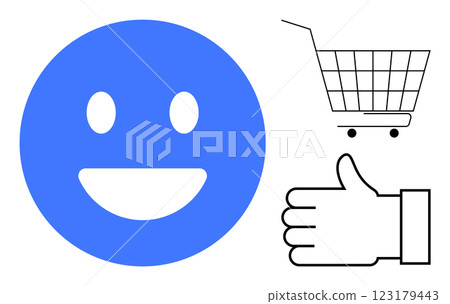 A blue happy face, black shopping cart, and black thumbs up symbolize customer satisfaction and positive feedback. Ideal for online shopping, marketing, consumer experience, sales, and business 123179443