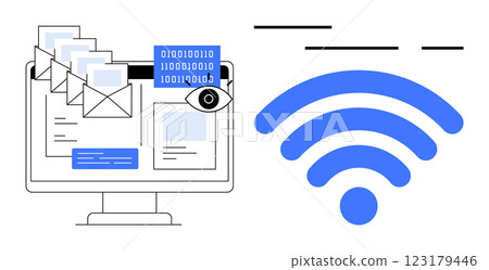 A computer screen displaying emails, binary code, and a surveillance eye icon alongside a blue wireless symbol. Ideal for cybersecurity, data protection, digital communication, internet security 123179446
